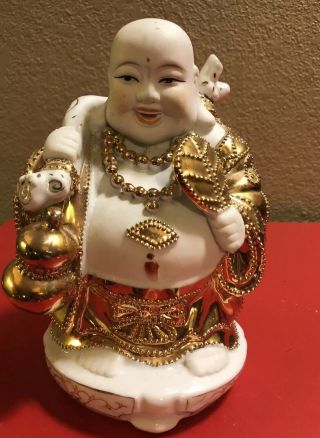 Antique 24k Gold Painted Porcelian Laughing Budda Statue 6 " Rub His Belly