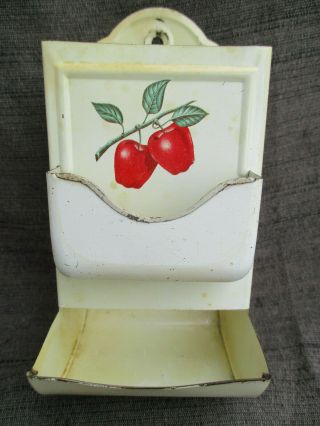 Vintage 1950s - 1960s Tin Wall Mount Kitchen Matches Matchbox Holder W Apples