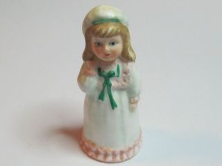 Lovely Gorham Doll Thimble In A Pale Green Dress With Pink Edging