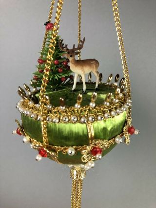 Vintage Handmade Beaded Sequined Christmas Ornament Pin Satintassel Scene Deer