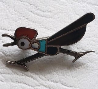 Vintage Zuni Indian Sterling Silver Bird Inlay Onyx Mop And Turquoise Pin Brooch