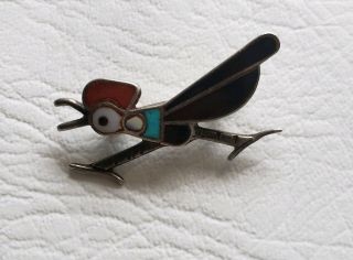 Vintage Zuni Indian Sterling Silver Bird inlay Onyx MOP and turquoise Pin Brooch 2