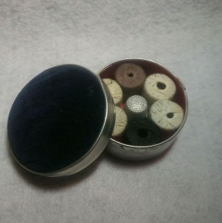 Antique Vintage Tin Pin Cushion Travel Sewing Kit Content Made In Japan
