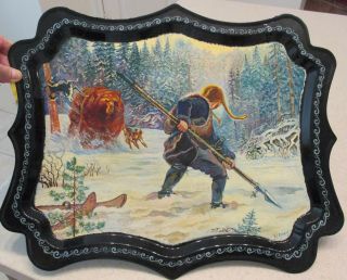 Artist Signed Hand Painted Russian Tray Hunting Bear Spear Dogs & Unique