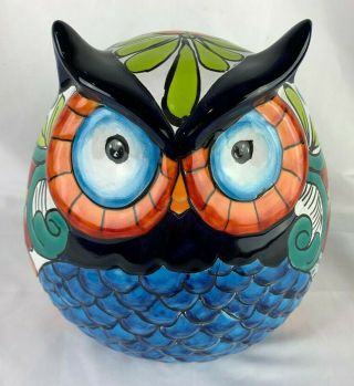 9 " Blue Owl Buho Round Folk Art Authentic Talavera Ceramic Pottery Hand Painted