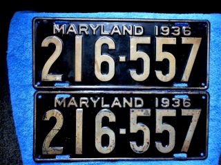 1936 Pair Yom Maryland License Plate Tag Number 216 55 7 Vintage Md Big & Heavy