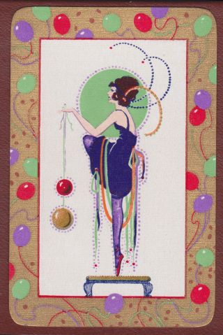 1 Single Vintage Swap/playing Card Deco Flapper Lady Balloons Border Gold