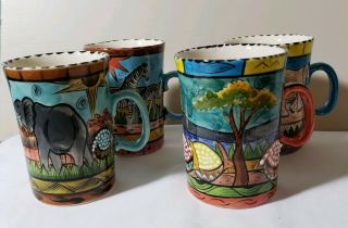 Penzo Zimbabwe Hand Painted African Pottery Coffee Mugs - Giraffe Zebra Elephant