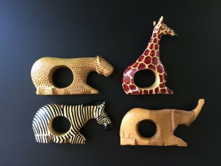 Set Of 4 Hand Carved Wood African Animals Napkin Rings Safari Wildlife Holder