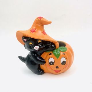 Vintage 1988 Lefton Pumpkin Black Cat Halloween Tea Light Candle Holder Read