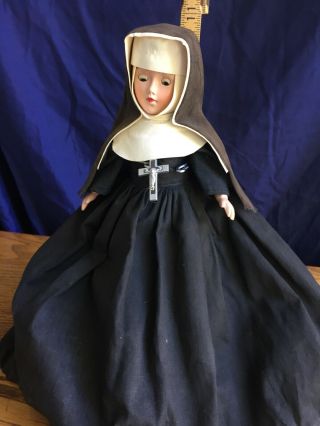 Vintage Nun Doll W/crucifix Necklace 10”tall Composite Face Plastic Body,  Stand