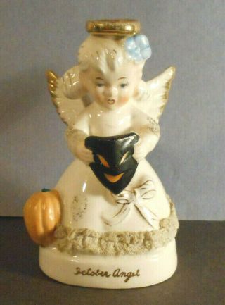 October Birthday Angel Figurine W Black Mask & Pumpkin Vtg Ceramic Statue