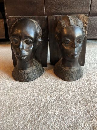 Vintage Hand Carved Pair Wood African Tribal Bust Bookends Woman & Man Ebony