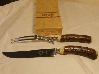 Antique Vintage Swedish Meat Carving Knife And Fork Set In Stag Horn