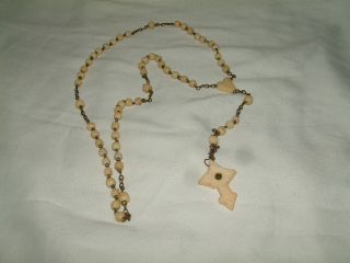 Antique Carved Bovine Bone Stanhope Rosary Beads St Anne De Beaupre Crucifix