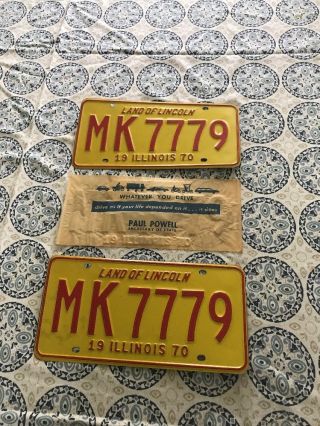 Pair Vtg 1970 Illinois Passenger License Plates Plate Red Yellow Mk7779 Yom Nm