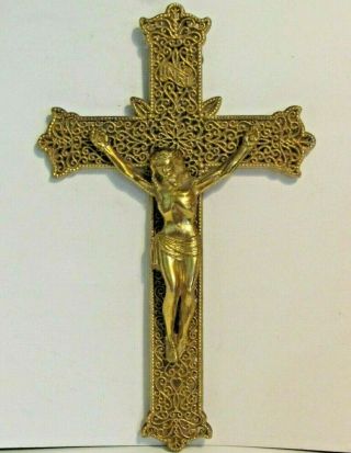 Vintage Religious Cross Crucifix Gold Brass Rococo Filigree,  Inri