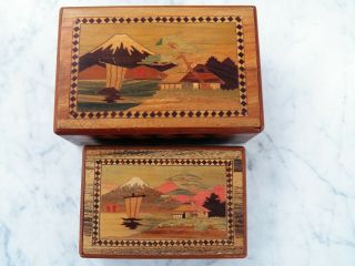 Vintage Pair 2 Japanese Yosegi Puzzle Boxes 6 - Step 3 - Step Wood Inlay P.  D.  G Co.