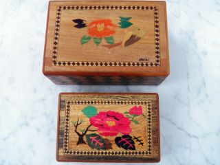 Vintage Pair 2 Japanese Yosegi PUZZLE BOXES 6 - Step 3 - Step Wood Inlay P.  D.  G co. 2