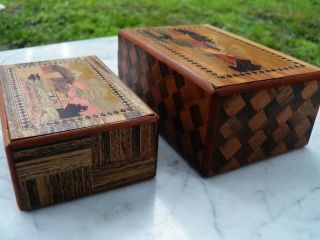 Vintage Pair 2 Japanese Yosegi PUZZLE BOXES 6 - Step 3 - Step Wood Inlay P.  D.  G co. 3