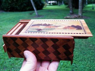 Vintage Pair 2 Japanese Yosegi PUZZLE BOXES 6 - Step 3 - Step Wood Inlay P.  D.  G co. 5