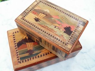 Vintage Pair 2 Japanese Yosegi PUZZLE BOXES 6 - Step 3 - Step Wood Inlay P.  D.  G co. 7