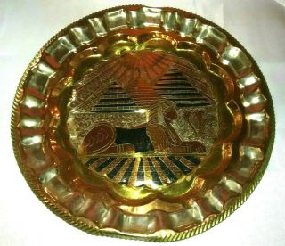 Egyptian Hammered Brass Hanging Wall Plate Decor Pyramid & Sphynx Design 10.  5 "