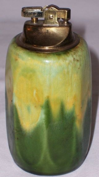 Vintage Royal Haeger Pottery Two Tone Drip Pattern Green Table Top Lighter