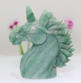 3.  5 " Natural Green Jasper Crystal Hand Carve Skull Healing Unicorn Horse M226