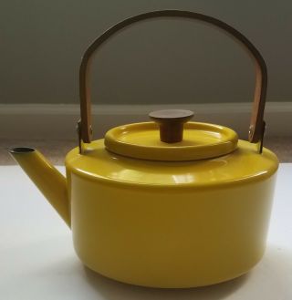 Vintage Copco Michael Lax Spain Yellow Enamel Tea Kettle Teak Wood Handle