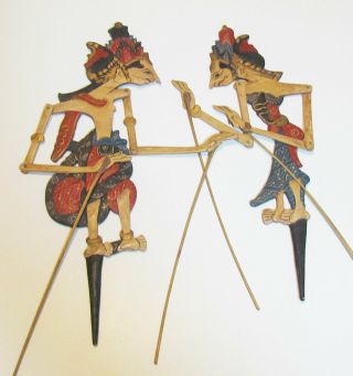 Vintage Indonesian Hand Carved Scary Wooden Stick Puppets Folk Art Set Of 2