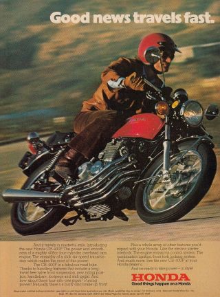 1975 Honda Cb - 400f Motorcycle Photo " Good News Travels Fast " Vintage Print Ad
