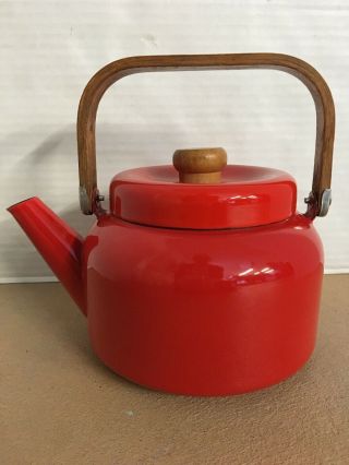 Vintage Danish Modern Red Enamel Metal Teapot Wood Handle