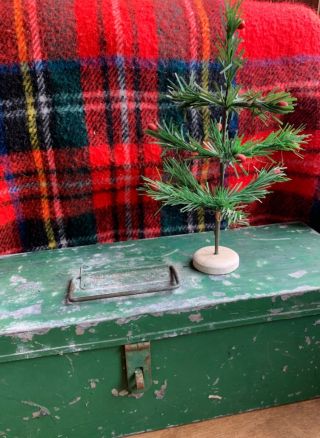 Vintage Antique Miniature Feather Christmas Tree Green Red Berries Wood Base