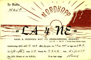 La4ne Hans Honningsvag,  Norway 1956 Vintage Ham Radio Qsl Card