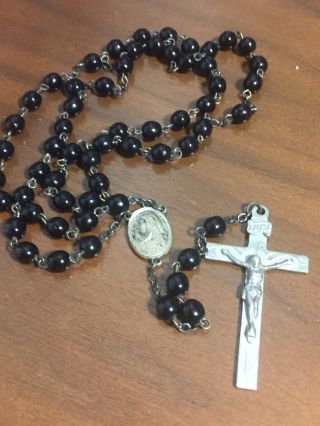 Vintage Black Glass Bead Catholic Rosary Sterling Silver Crucifix