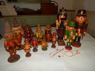 Reduced: Twelve (12) Vintage Whimsical Wood Figures,  Three Are Nutcrackers