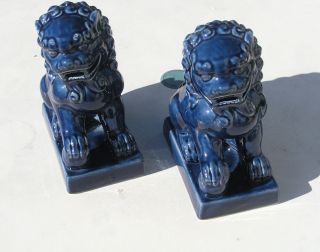 2 Vintage Chinese Ceramics Blue Glazed Foo Dogs Lions Foodogs Foolions 7,  "