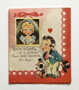 Vintage Valentine Card Boy Girl Puppy Dog Pink Flower Dress Heart Hat Frame Cute