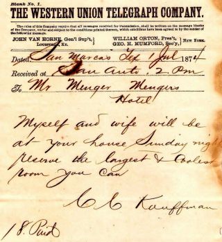 1874 Western Union Telegraph San Marcos To Menger Hotel San Antonio Texas