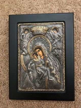 Clarté Virgin Mary Byzantine Silver Icon,  Handmade,  Marked 925