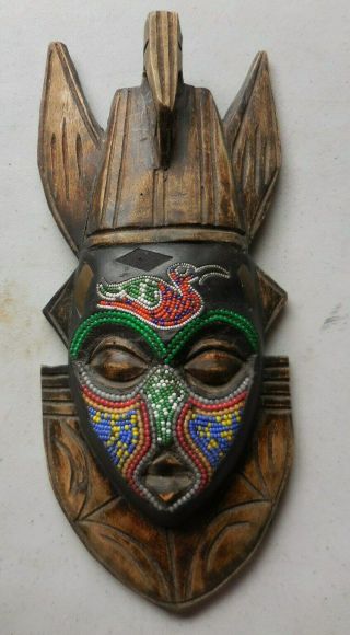 Vintage African Tribal Bakuta Bird Mask Hand Carved Wood Wall Hanging W/ Beads