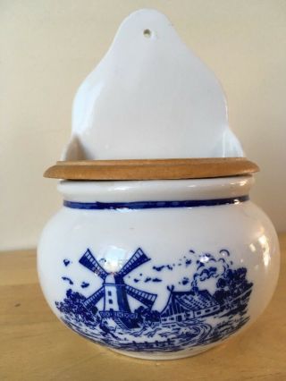 Vintage Holland Dutch Ceramic Wall Mount Salt Box With Hinged Wooden Lid