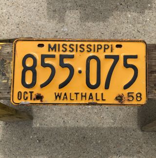 1958 Mississippi License Plate Walthall County 855 - 075 Rare Mancave Garage Art