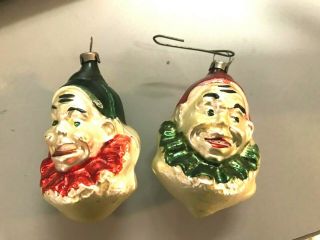 Vtg Mercury Glass 2 Christmas Ornaments Clown Figural Heads Ruffle Red Green 2,  "