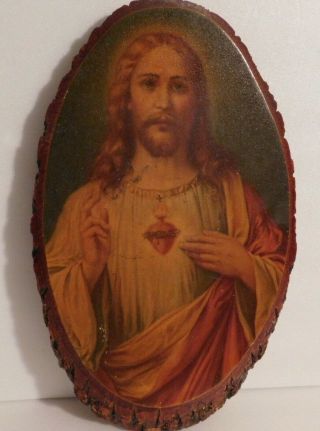 Vtg K9 Sacred Heart Of Jesus Wood Slice Wall Art Print Religious Catholic 11 X 7