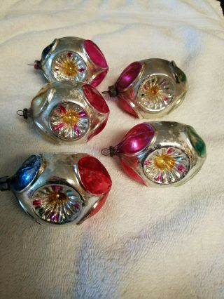 5 Vintage Triple Indent Silver/pink/blue/green/red Christmas Tree Ornaments