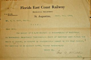 FLORIDA EAST COAST RAILWAY LETTER FROM G.  A.  MILLER (MILLER SHOPS) SEPT 9,  1898 3