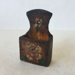 Vintage Small Wooden Carved Hand Painted Wall Hanging Match Box Holder