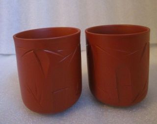 Vintage Japanese Red Clay Tea Cups Tokoname Ware Carved Bamboo Pattern